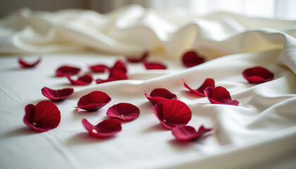 Scattered red rose petals on soft white fabric creating an elegant romantic ambiance