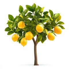 A lemon tree with fresh, ripe lemons and bright green leaves, placed on a white background for a fresh and natural feel.