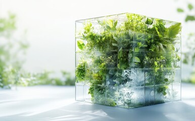 Lush Greenery Encased in Transparent Box Symbolizing Sustainability and Nature's Beauty in Modern Architecture and Design