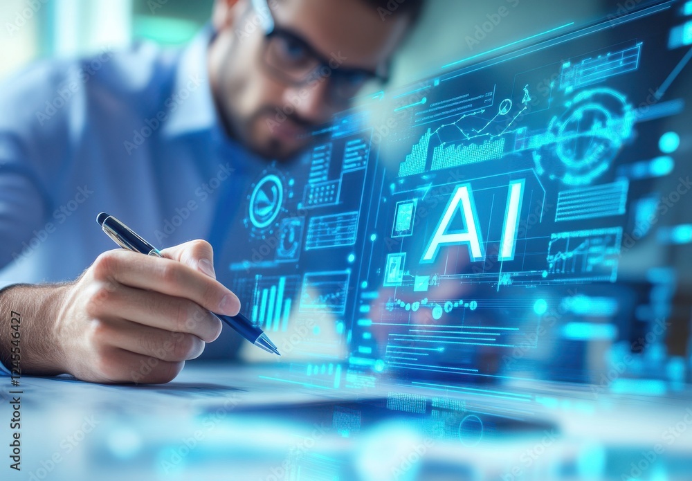 Poster man in glasses writing with pen beside holographic display showing artificial intelligence data and 