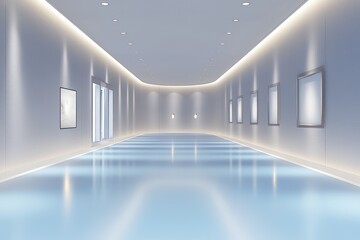 Fototapeta premium Minimalist gallery interior with blue floor lighting and soft lighting, offering a modern, sleek design ideal for virtual presentations.