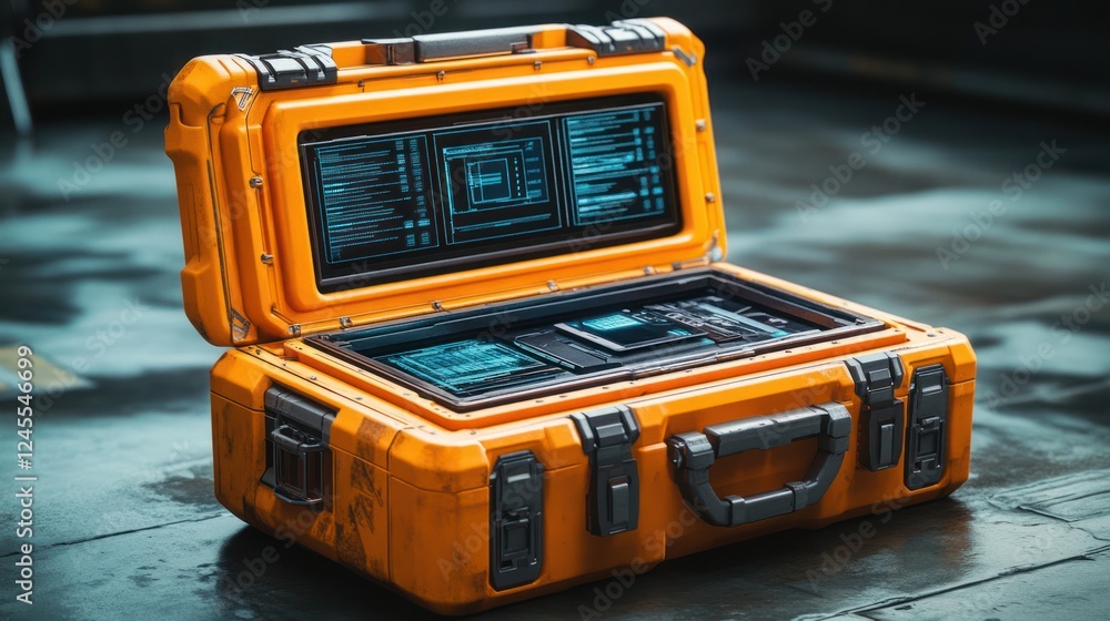 Poster orange portable tech case open, showing internal screen and hardware.