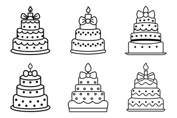 Black and White Birthday Cake Outline Set with Candles and Bows. Line art birthday cake icon bundle, birthday cake vector illustration