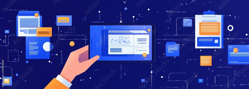 Poster modern digital interface design with charts and documents in hand, visualizing data and information 