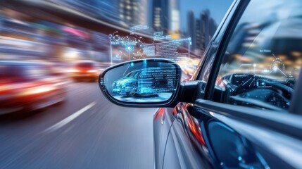 Obraz premium Autonomous Vehicle Side Mirror with Futuristic HUD Display