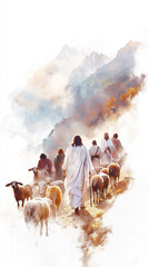 Jesus, shepherds Jesus Christ hold hseep walk in desrt. God holy spiritual gospel salvation faith grace. Sin redemption resurrection crucifixion heaven. Worship disciples Kingdom God forgiveness.