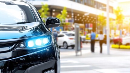 Black Car Headlights in City