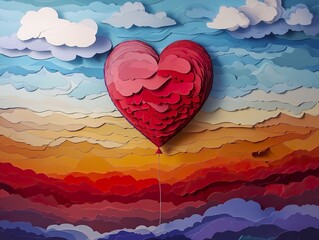 Fototapeta premium Happy Valentine's Day paper art with heart balloon in sky