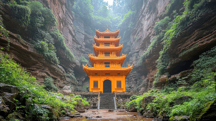 Majestic Orange Pagoda nestled in a serene Chinese canyon. An awe-inspiring sight of ancient architecture and breathtaking natural beauty. Explore the mystical charm of this hidden gem!