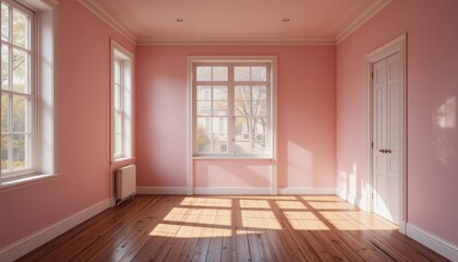 Empty pink room with a window and wooden floor in a classic interior design