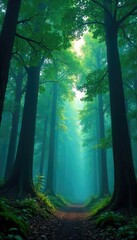 Naklejka premium The canopy above is a kaleidoscope of greens and blues, forest atmosphere, forest floor, trees
