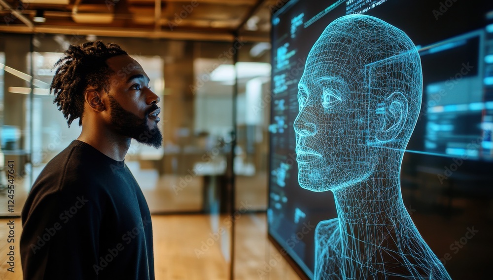 Poster person interacting with futuristic digital interface showcasing human face in office environment wit
