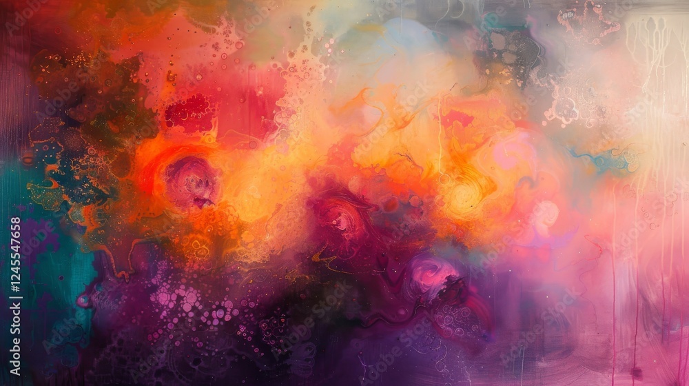 Poster radiant fusion: a captivating blend of oil and water dance in colorful harmony with dynamic patterns