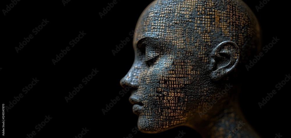 Poster Portrait of a Futuristic Digital Sculpture with Binary Code Patterns Representing Artificial Intelligence and Technology Concept