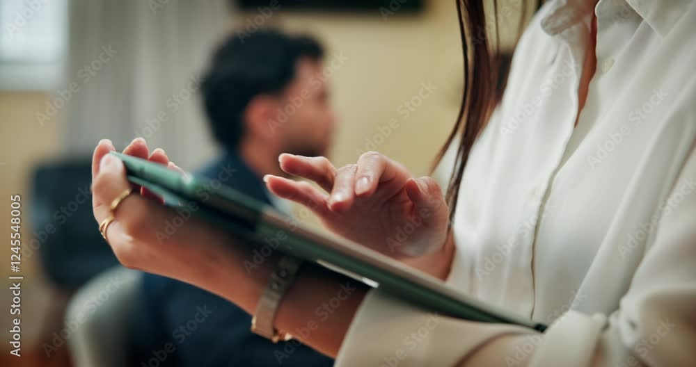 Aufkleber hands, tablet and business woman scroll in meeting, email and project manager planning on internet. 