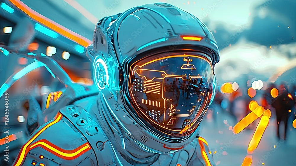 Poster astronaut walking on an alien planet in a futuristic landscape with vibrant colors and advanced tech