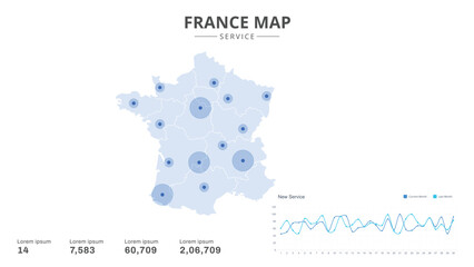 Service centers are highlighted within the of France Infographic map. Business Infographic Map of France. Vector Map of a France map. Easy to edit