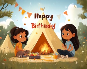 Two girls celebrating birthday near campfire.
