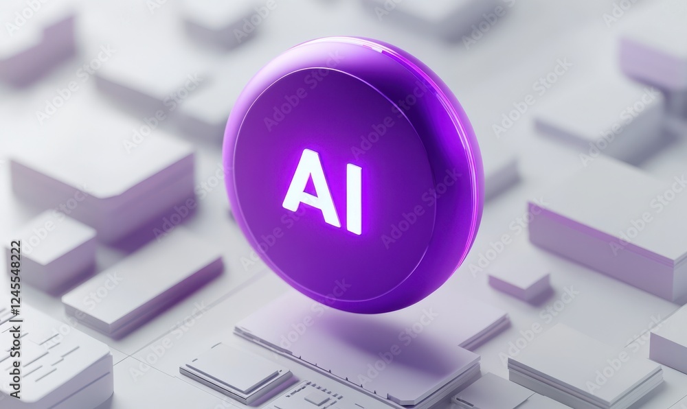 Poster purple ai icon floating above abstract digital cityscape, symbolizing artificial intelligence integr