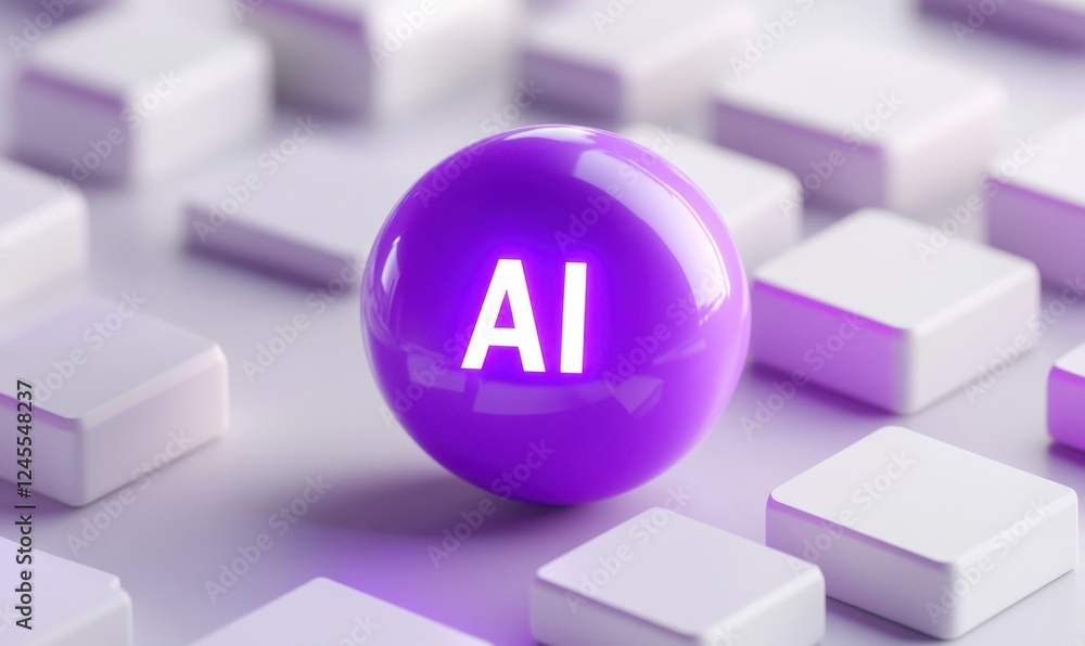 Poster purple sphere with ai text on keyboard background illustrating artificial intelligence technology an
