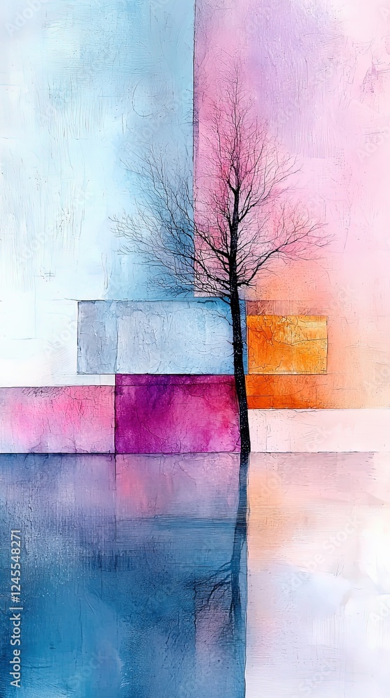 Poster surreal cybernetic painting of a tree with vibrant colors reflecting in water and abstract geometric