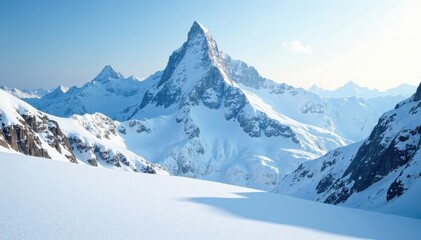 Snow-covered mountain peaks rising from the glacier surface, nature, serenity