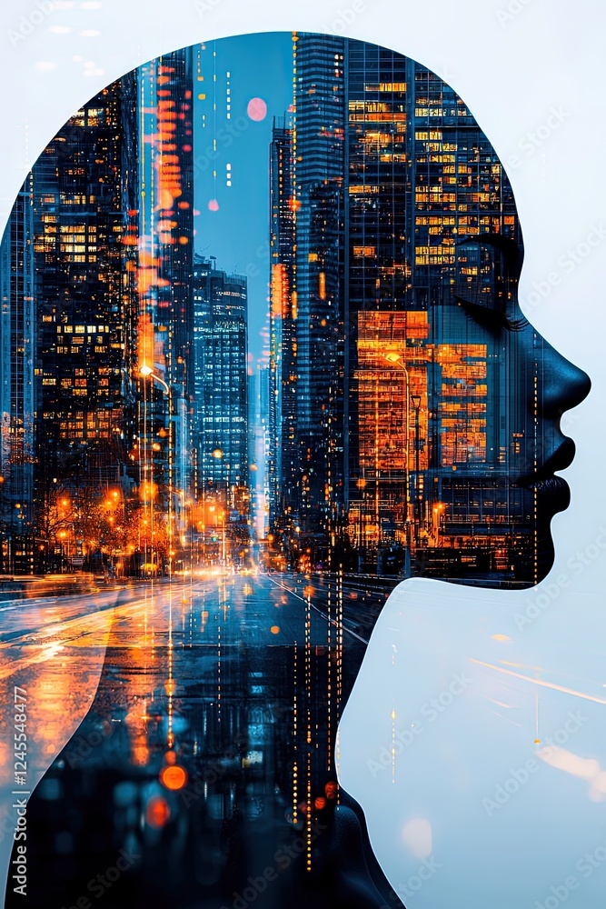 Poster digital silhouette of a human head with abstract cityscape and interconnected data elements in a fut