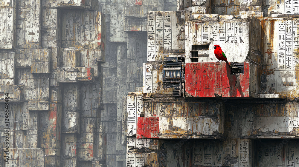 Poster a vibrant red parrot perches on an ancient, weathered structure adorned with intricate hieroglyphs, 