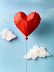 Obraz premium Vertical paper art with heart balloon in sky Happy Valentine's Day
