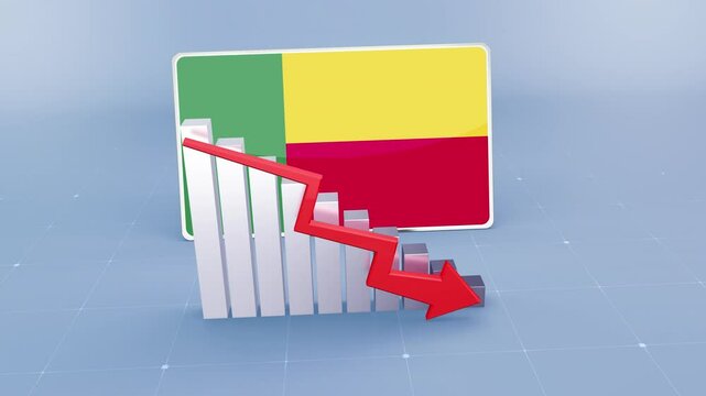 Benin country flag and bar chart graph showing decreasing values a red arrow economic crisis concept. Flag of The Benin