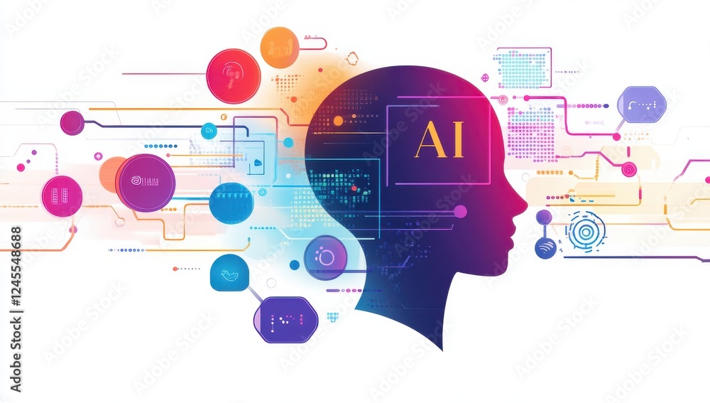Poster silhouette of a human head with ai text surrounded by colorful circuits and digital symbols represen