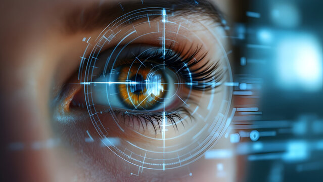 eye surgery concept, close up of female amber eye with digital augmentation in medical science lab.