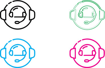 Minimalist headset icons, circular designs, thin outline style, vibrant colors, green blue pink black, customer service symbols, audio equipment logos, simplistic geometric shapes, clean vector graphi