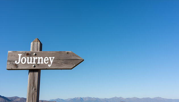 Wooden sign with the word "Journey" against blue sky - Adventure and exploration for travel blogs
