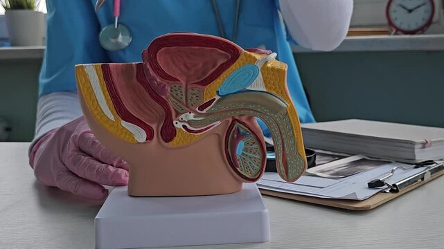 Doctors counseling patients with prostate cancer and using a penis model to show patients with prostate cancer Prostate cancer 