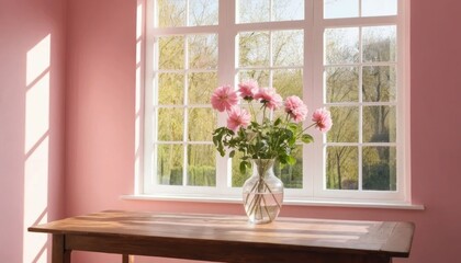 Fototapeta premium Empty pink room with a wooden table and flowers in vase near a window in a classic interior design