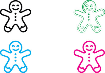 Gingerbread man icons, simple line drawings, smiling faces, colorful outlines, white background, minimalist design, cheerful characters, holiday cookie shapes, vector graphics, cute illustrations, gre