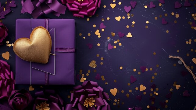 A royal purple gift box with a golden heart pillow and deep magenta paper flowers, surrounded by gold confetti on a dark purple backdrop 