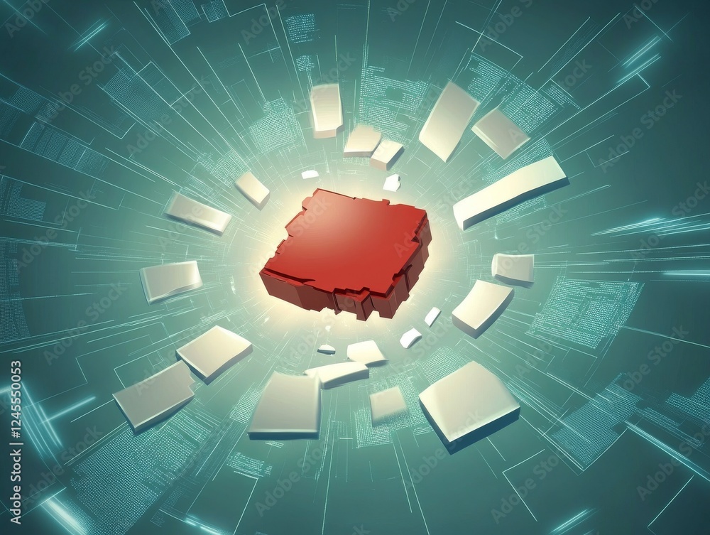 Poster digital representation of a red map outline surrounded by floating geometric shapes, set against a g