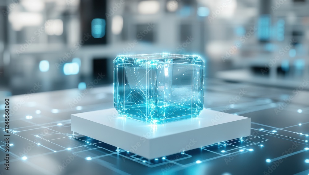 Poster transparent digital cube on platform glowing with blue light in high-tech environment illustrating i