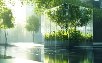 Transparent cube showcasing greenery in a modern urban setting with sunlight filtering through trees and reflections on the wet pavement
