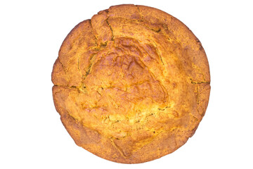 Round bread cake isolated on a white background. Homemade pastries.