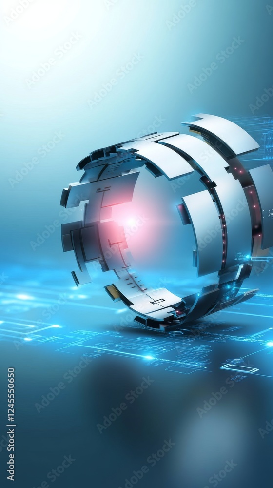 Poster a futuristic, digital sphere with metallic segments and a glowing core, representing advanced techno