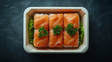 Set sushi and rolls in portioned take-out containers. sushi advertising.