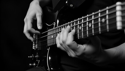 Obraz premium Close up of musician playing bass guitar in black and white - Expressive music performance