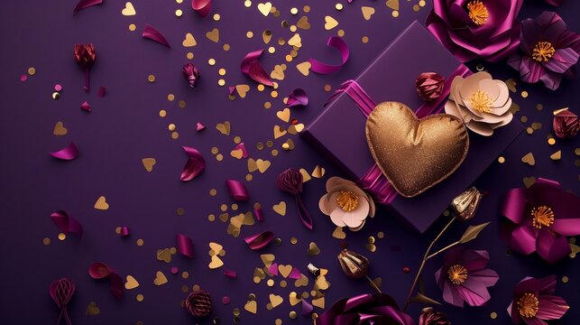 A royal purple gift box with a golden heart pillow and deep magenta paper flowers, surrounded by gold confetti on a dark purple backdrop 