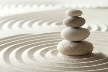 Zen Stone Balance on Sand with Meditative Ripples. Generative AI