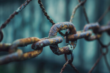 Rusty chain links on the fence. Selective focus. Toned. Generative AI
