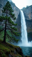 Fototapeta premium Misty pine tree blends into cliff backdrop as waterfall flows, nature, cliffs, pines