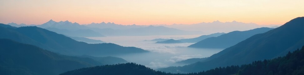 Fototapeta premium Misty morning light creeps over the mountain peaks with cloudy valleys below, serene, sky, valley